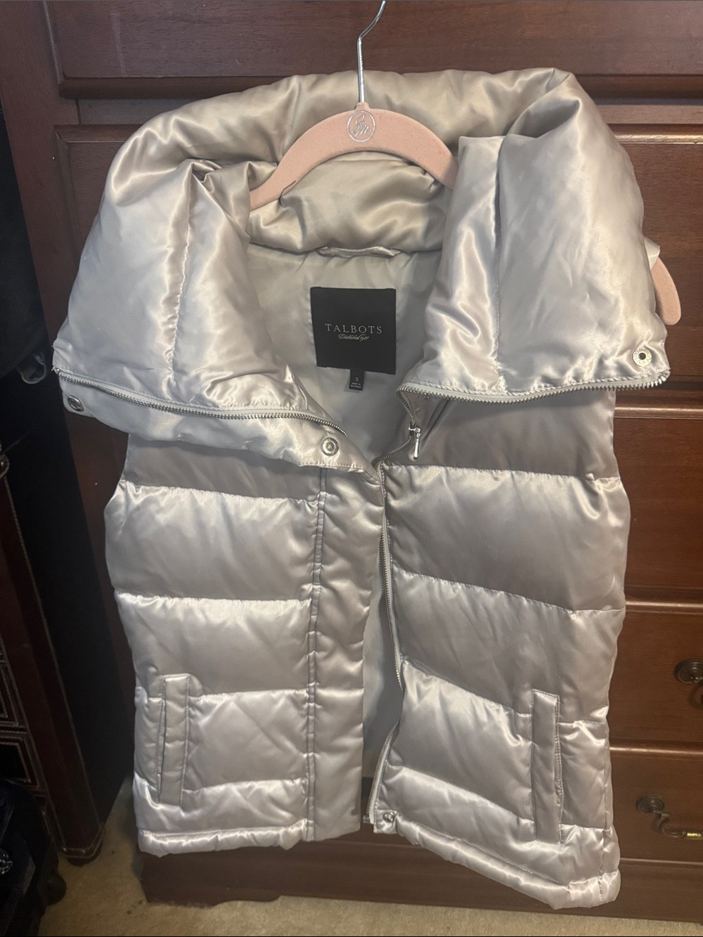 Talbots Silver Quilted Puffer Vest with High Collar